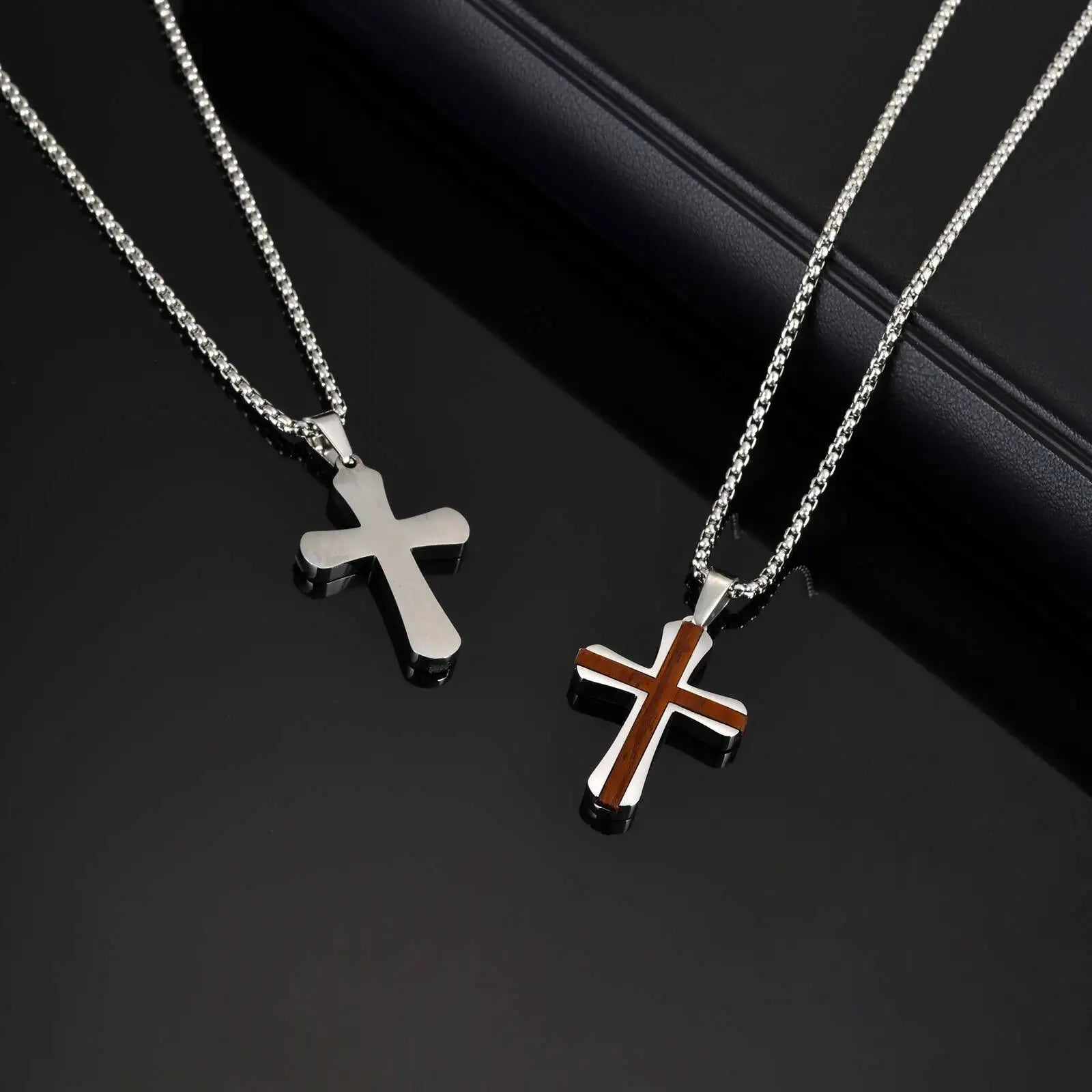 Wood Cross Silver Pendant Necklace — Stainless Steel