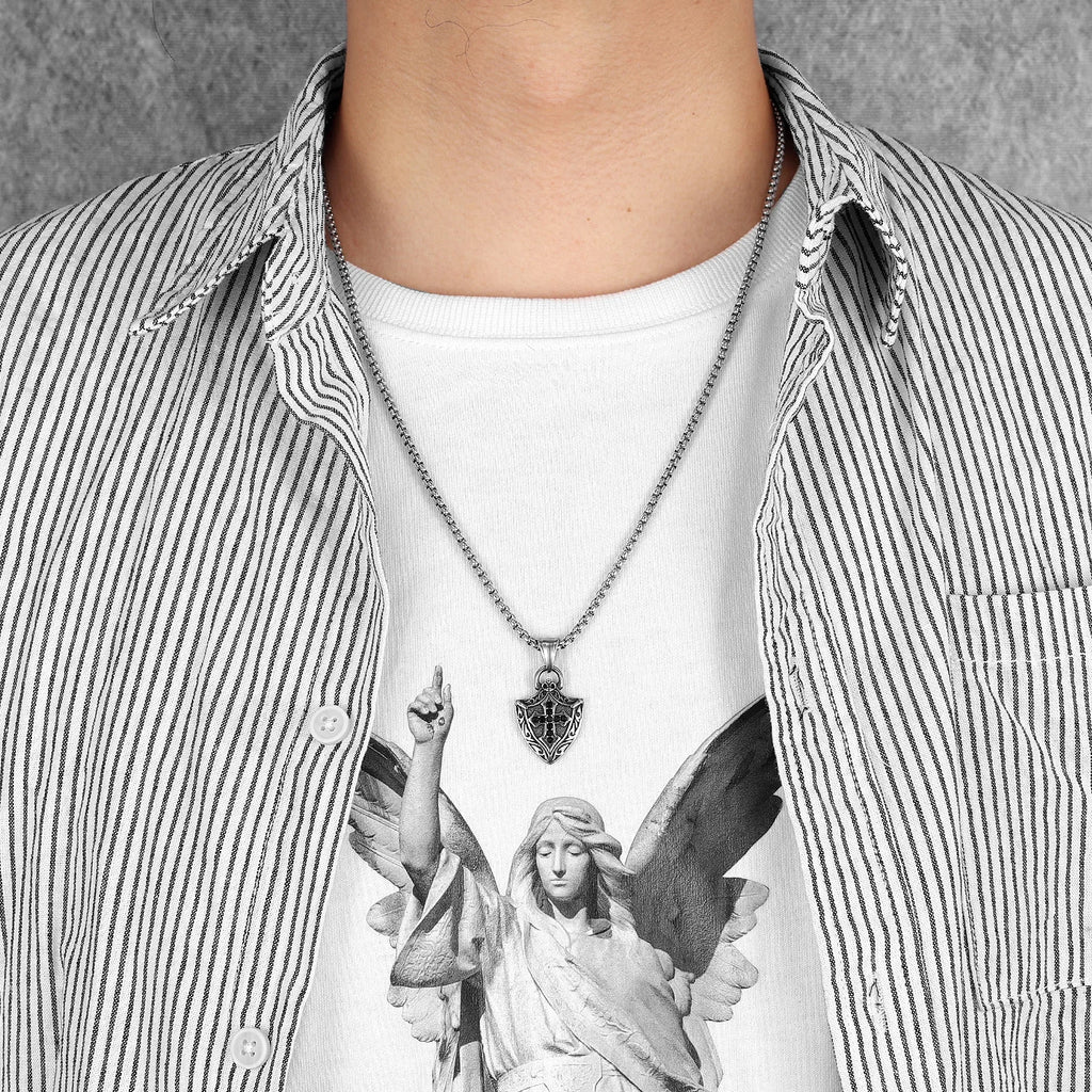 Cross Shield Gemstone Pendant — Stainless Steel