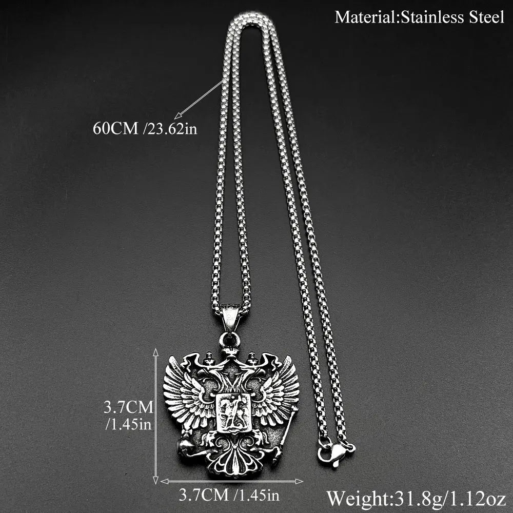 Russian Double-Headed Eagle National Emblem Symbol Pendant Necklaces for Women Men Silver Color Stainless Steel Jewelry Gift