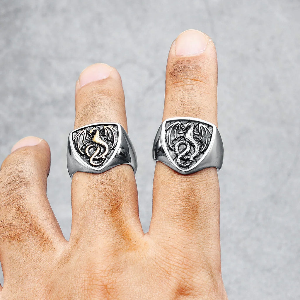 Dragon Shield Ring 316L Stainless Steel Men Rings Rock Punk Norse Myth for Biker Male Boyfriend Jewelry Best Creative