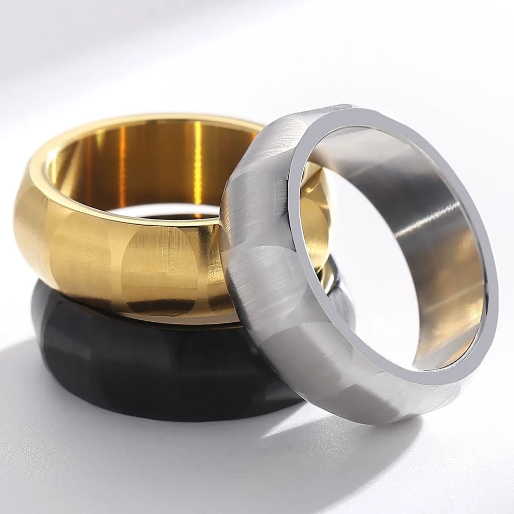 Waterproof Vacuum Plated Gold Color Stainless Steel Men's Ring 7mm Width Brushed Finished with Inner Curve Design Rings