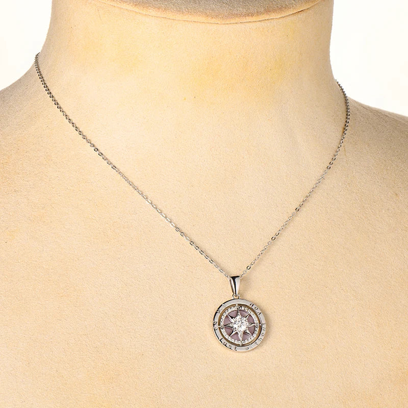 RAPRGOLD 925 Sterling Silver Compass Necklace 6.5mm Sparkly Cubic Zirconia Fashion Pendant Necklaces for Women Men Jewelry Gift