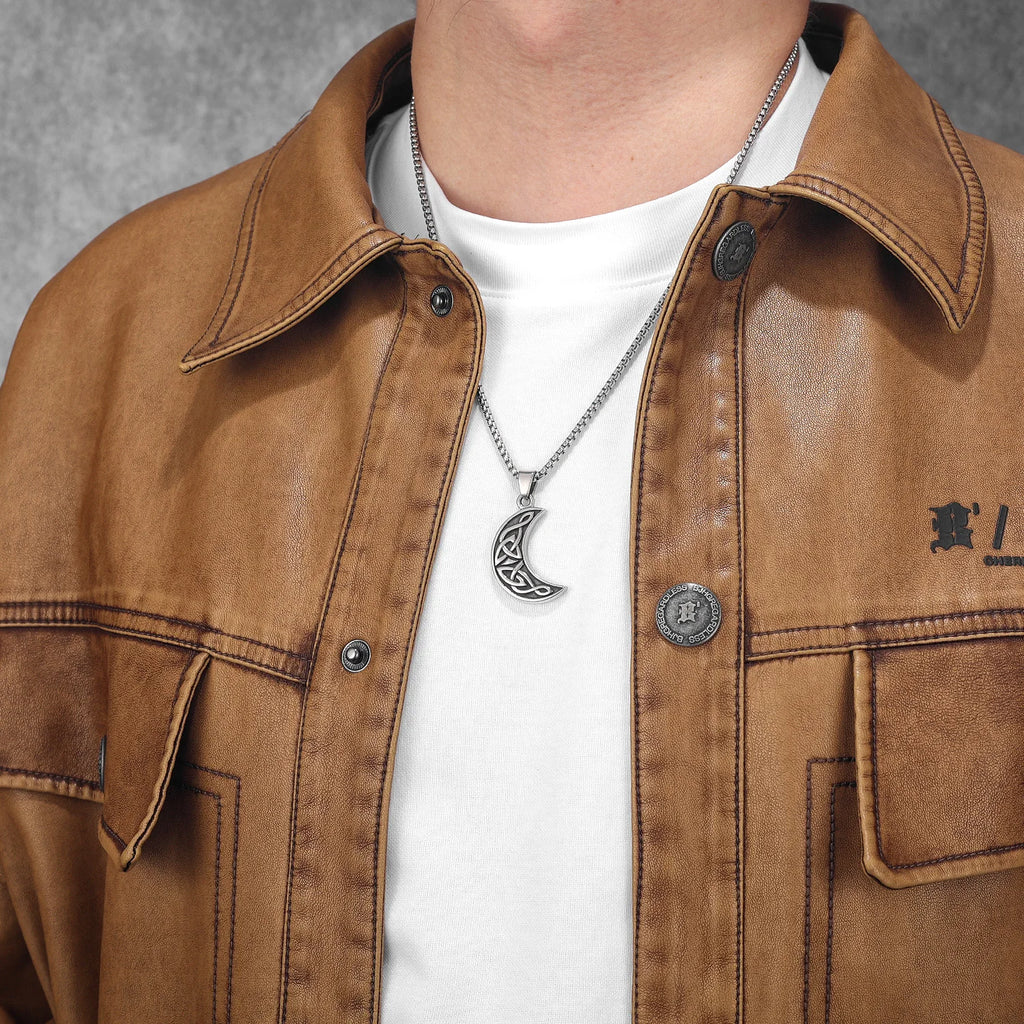 Celtic Knot Crescent Moon Pendant Necklace — Stainless Steel