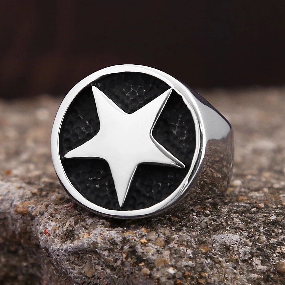 Star Signet Steel Ring Pentagon Biker Good