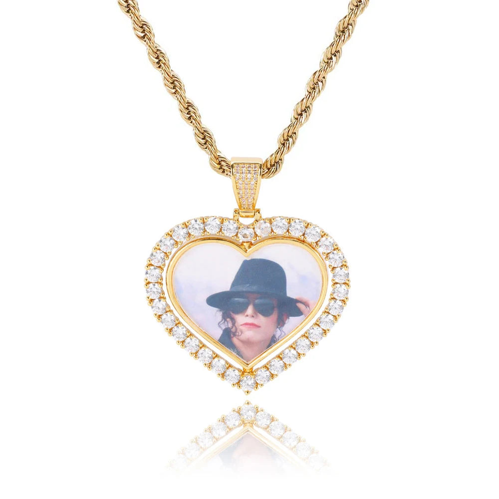 Iced Out Heart Photo Pendant Necklace