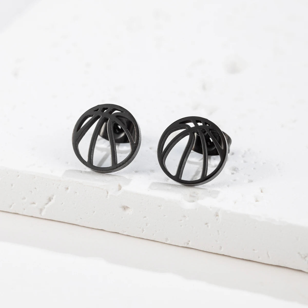 1Pair Punk Black Basketball Earrings for Women Men Stainless Steel Fashion Geometric Ball Shape Stud Earrings Sport