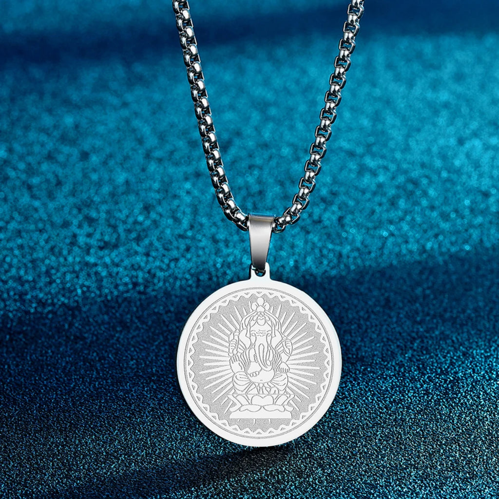 CHENGXUN Hindu Ganesha Coin Pendant Necklace for Men Womens Lord Ganesha Medallion Charm Neck Chain Spirit Totem Jewelry