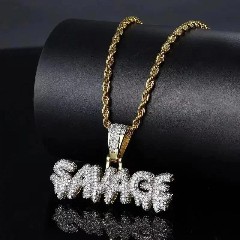 Bling Iced Out Savage Pendant Cubic Zirconia Letter Necklace for Men Women Hip Hop Rock Rap Party Jewelry