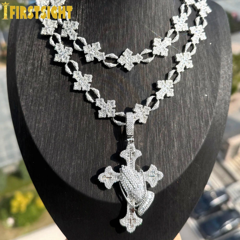 2025 New Iced Out Cross Pendant Necklace for Men Women Bling Silver Color Cubic Zirconia Cross Cuban Chain Hip Hop