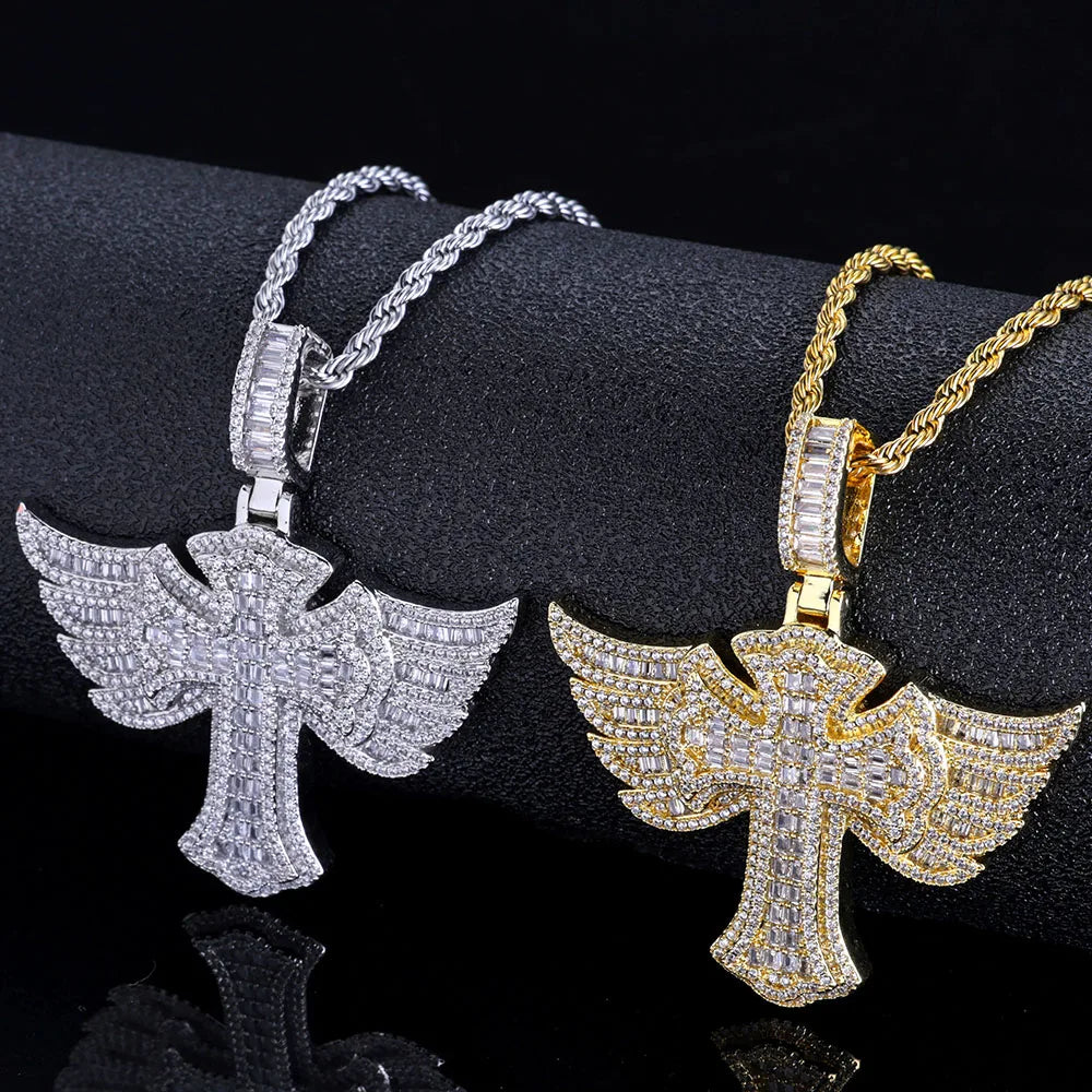 Cross Angel Wings Pendant Necklace Iced Out
