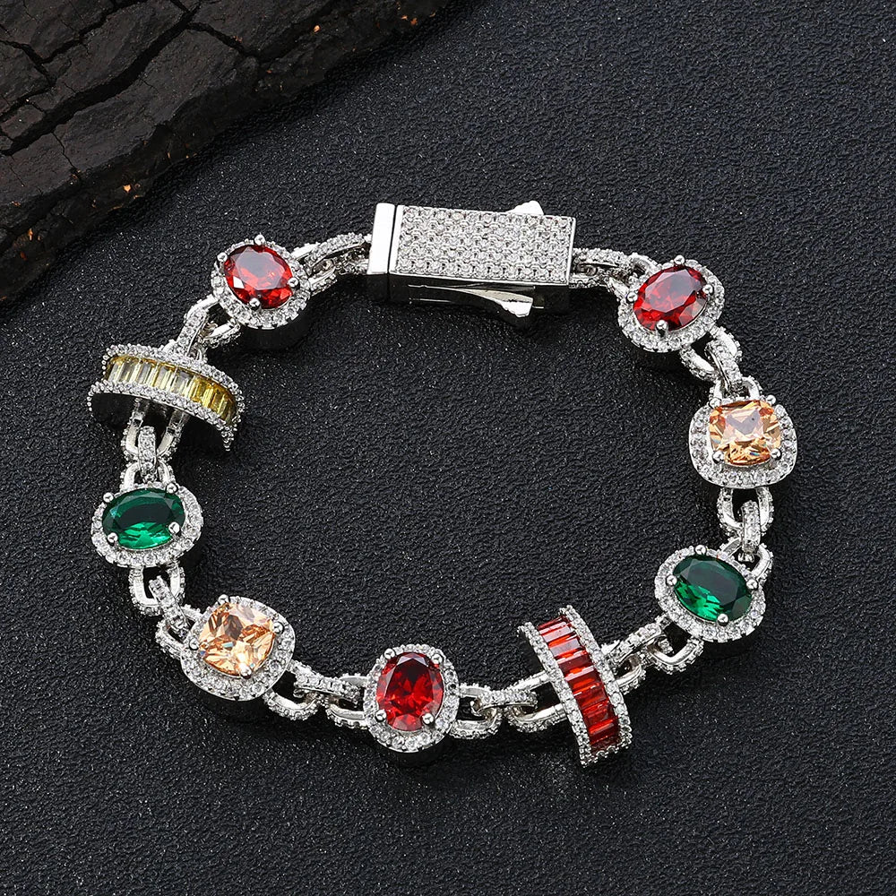 Gold Iced Out Chain Necklace Ruby Emerald 18K