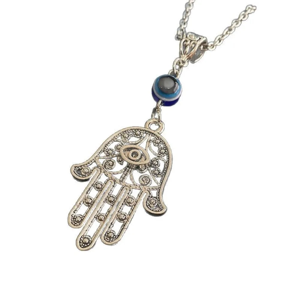 Gothic Retro Silver Color Hollowed-out Pattern Fatima's Hand Evil Eye Pendant Necklace for Women Men Halloween Amulet Jewelry