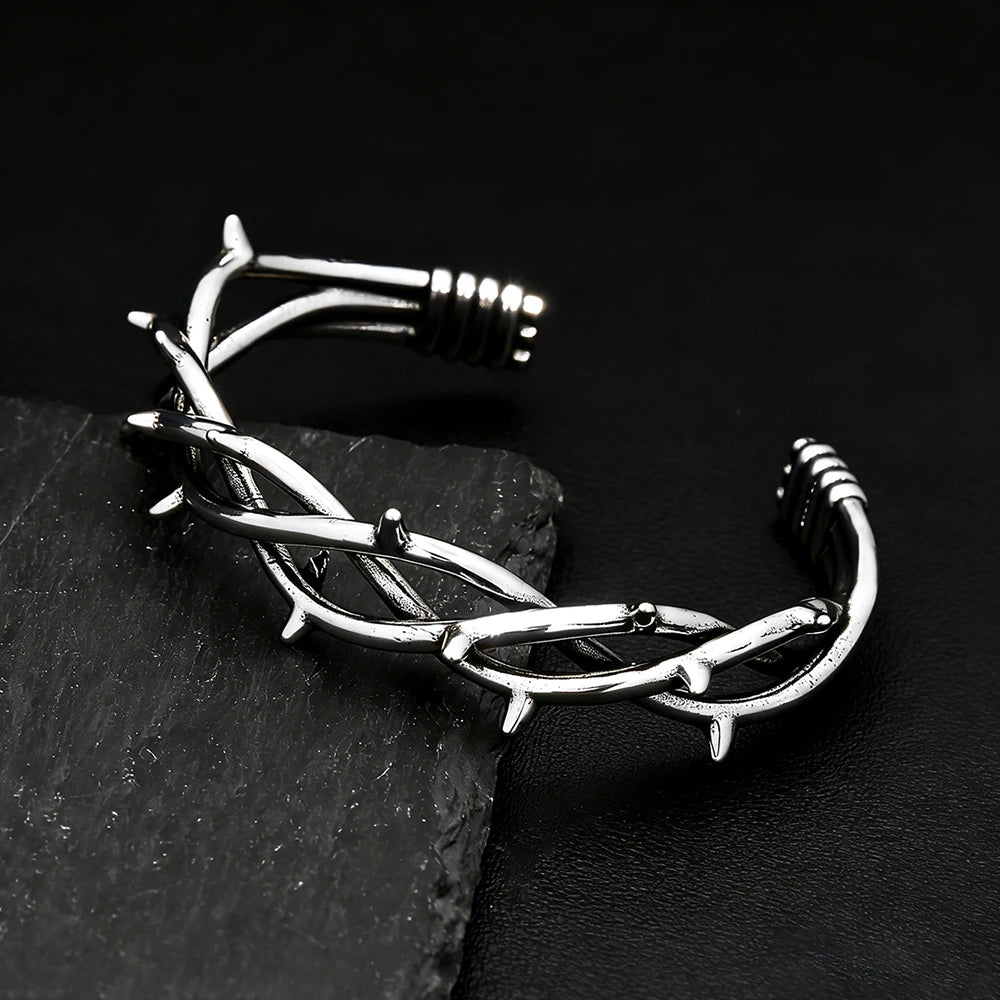 Vintage Gothic Thorn Open Cuff Bracelet For Men Women Stainless Steel Twisted Bangles Punk Rock Wrist Jewelry Fashion