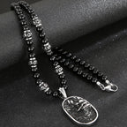 Men's Steampunk Dragon Wolf Head Pendant Necklace For Men Man 8MM Width 70CM Long Agate Stone Bead Chain Stainless