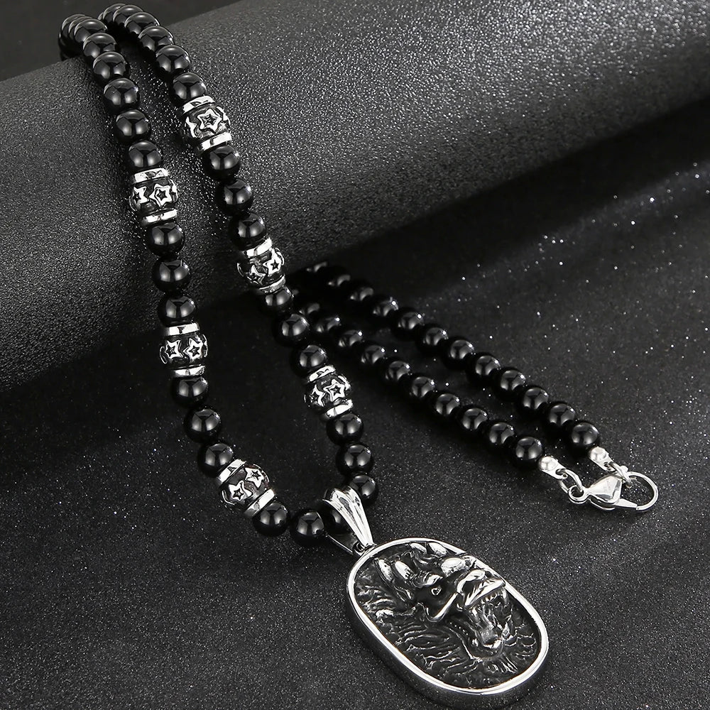 Men's Steampunk Dragon Wolf Head Pendant Necklace For Men Man 8MM Width 70CM Long Agate Stone Bead Chain Stainless