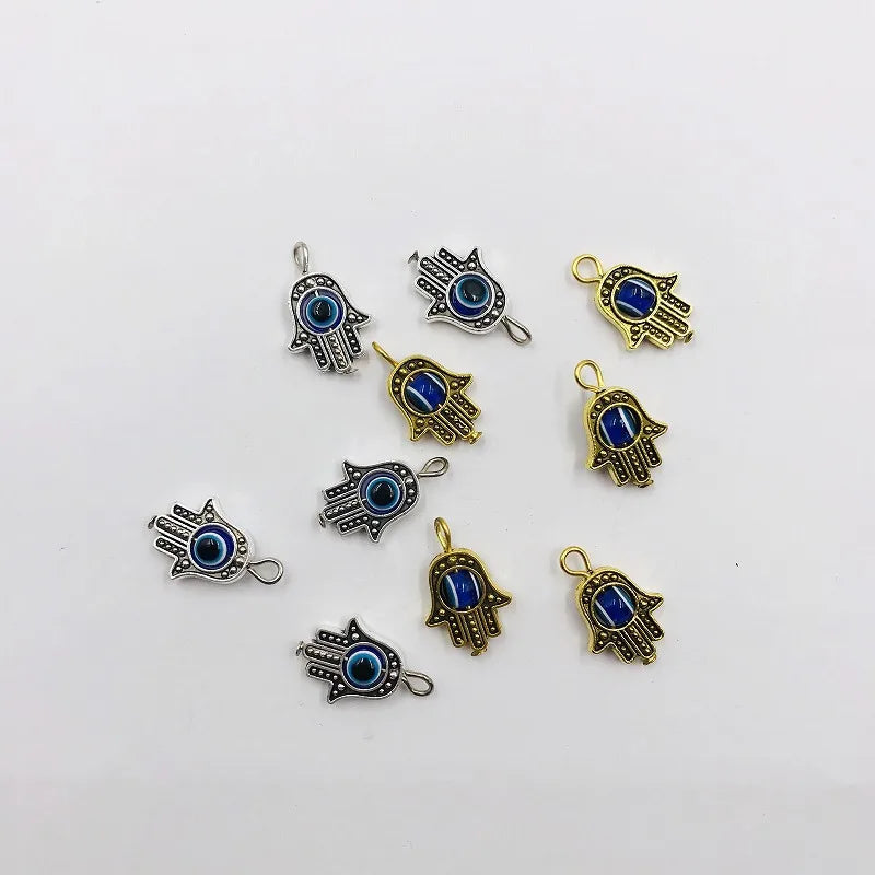10Pcs Antique Silver Color Hamsa Fatima Hand Charm Evil Blue Eye Bead fit Pendant Necklace Bracelet Jewelry Accessories DIY