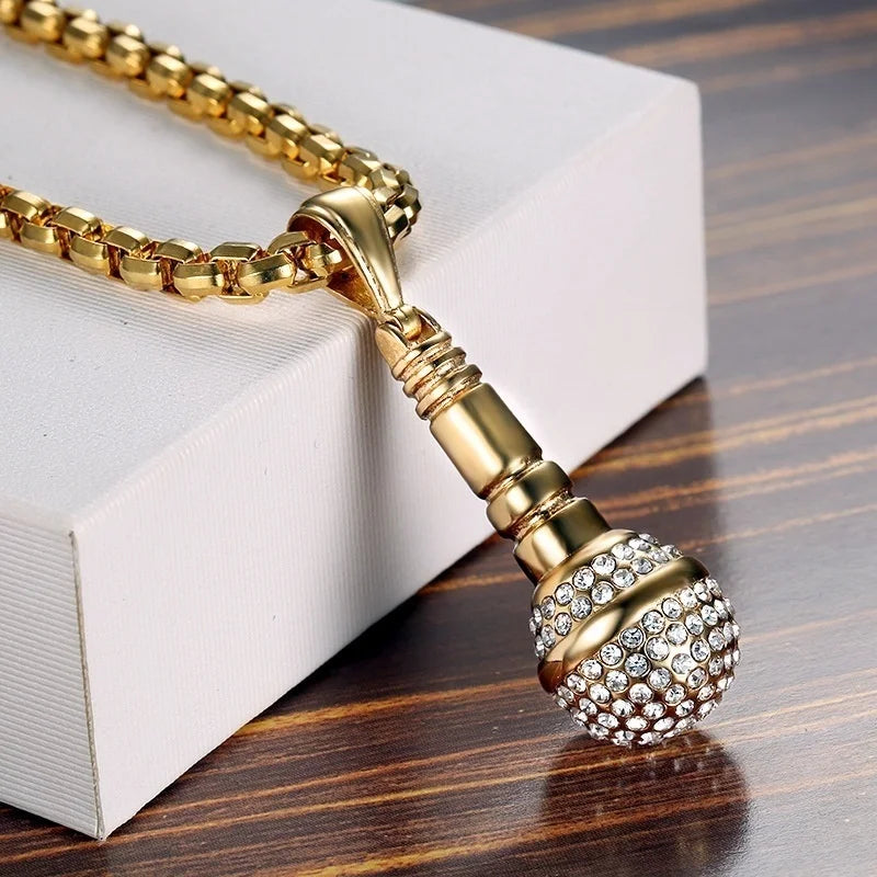 New Personality Gold-Plated Microphone Necklace Man Woman Hip Hop Rock-Encrusted Microphone Pendant Accessories Party