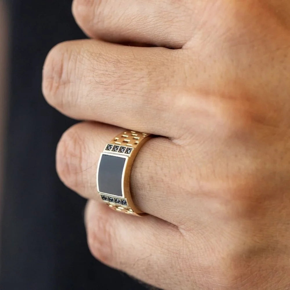 Gold Plated Stainless Steel Rings For Men Creative Gold Drip Oil Black Diamond Ring Jewelry Accessories Wholesale Size 7-13