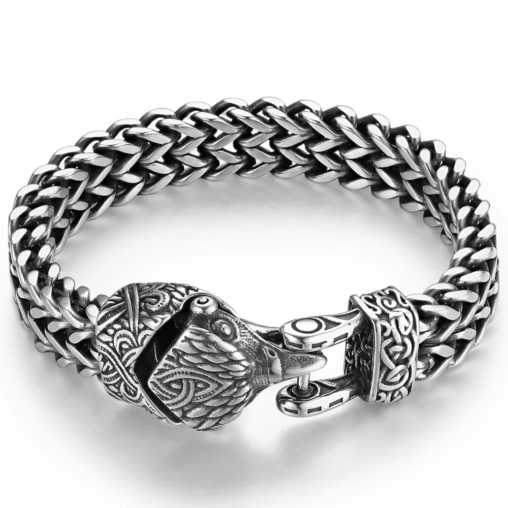 Nordic Viking Jewelry Punk Wolf Dog Snake Eagle Head With Double Mesh Link Chain Man Bracelet for Mn 19/21/23CM Long
