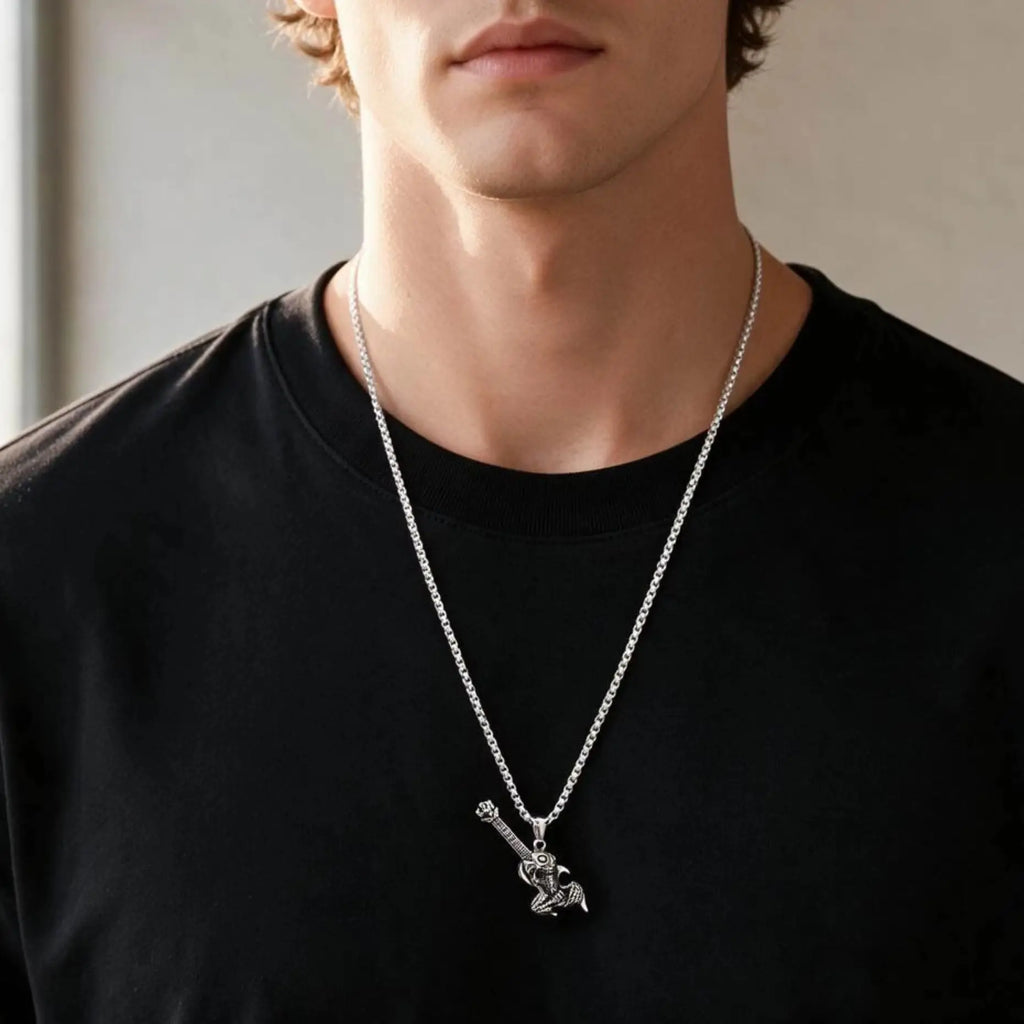 Gothic Hip Hop Skull Skeleton Guitar Necklace for Men Punk Instruments Pendant Stainless Steel Chain Neck Rock Jewelry Accessory