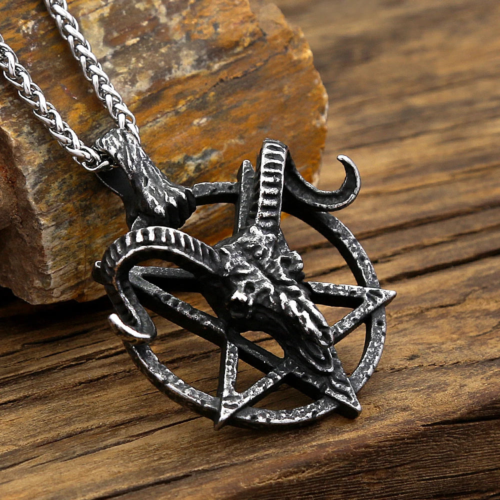 Gothic Punk Demon Sheep Skull Pendant Stainless Steel Pentagram Necklace For Men Women Unique Amulet Jewelry Gift