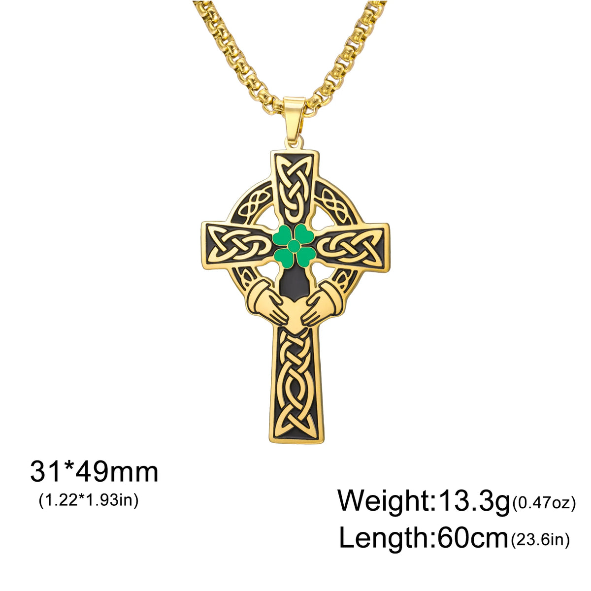 Celtic Cross Shamrock Claddagh Pendant Necklace — Stainless Steel