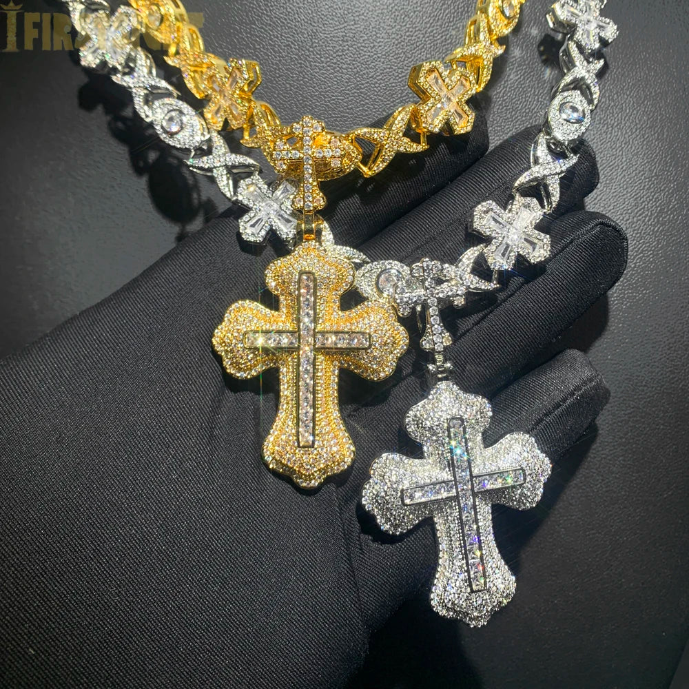 2025 New Iced Out Cross Pendant Necklace for Men Women Bling Gold Color Cubic Zirconia Infinity Link Eye Charm Hip Hop