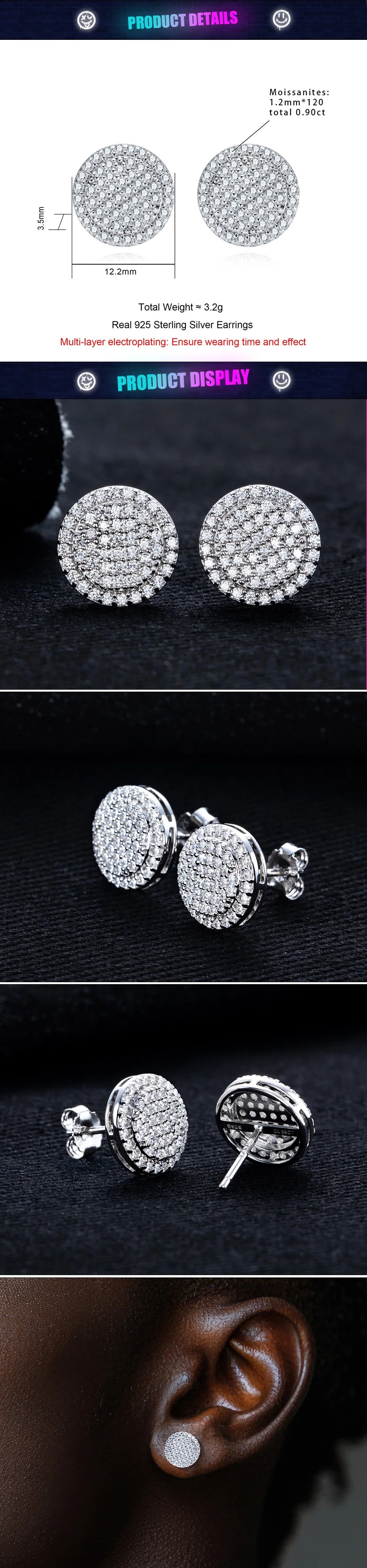 Iced Out Round Stud Earrings — 925 Silver
