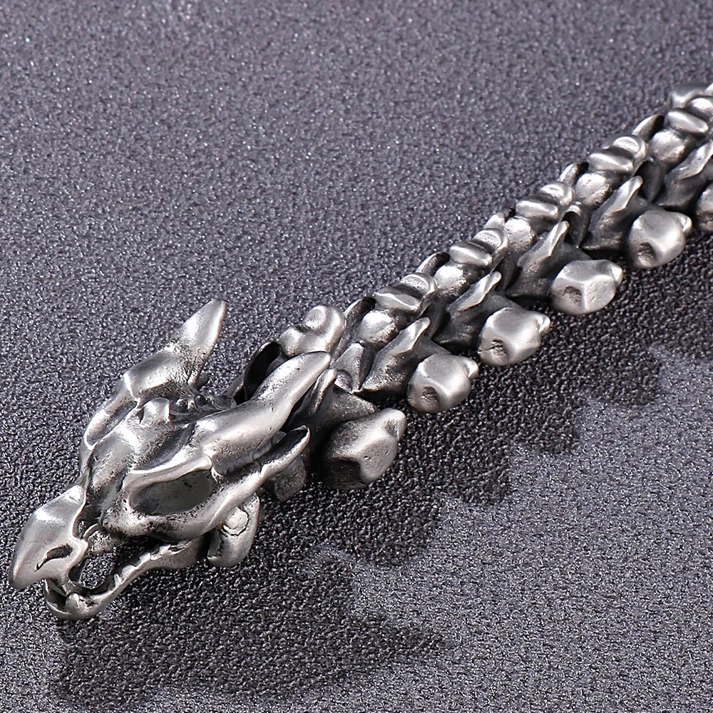 Punk Rock Chinese Loong Dragon Head & Body Chain Bracelet for Man Matte Brushed Stainless Steel Bracelets Men's Male