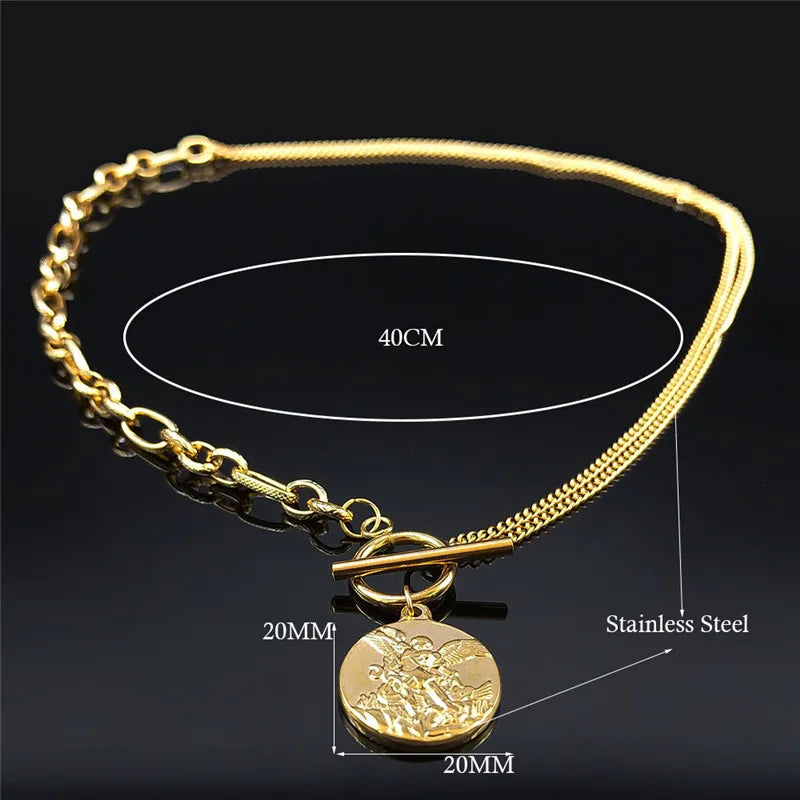 SAINT MICHAEL PROTECT US Archangel Chain Necklace for Women Men Gold Color Stainless Steel Protection Jewelry collier