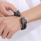 Gothic Elastic Double Wolf Face Head Open Cuff Bangle Bracelet For Man 12MM Wide Twist Chain Stainless Steel Men Men's