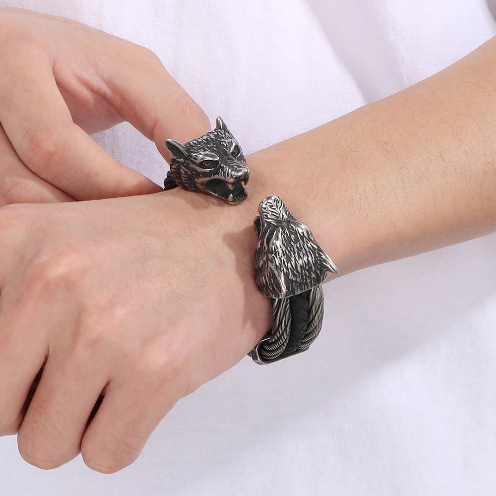 Gothic Elastic Double Wolf Face Head Open Cuff Bangle Bracelet For Man 12MM Wide Twist Chain Stainless Steel Men Men's