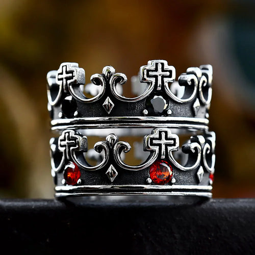 Cross Crown Ring with Red Stones — SS