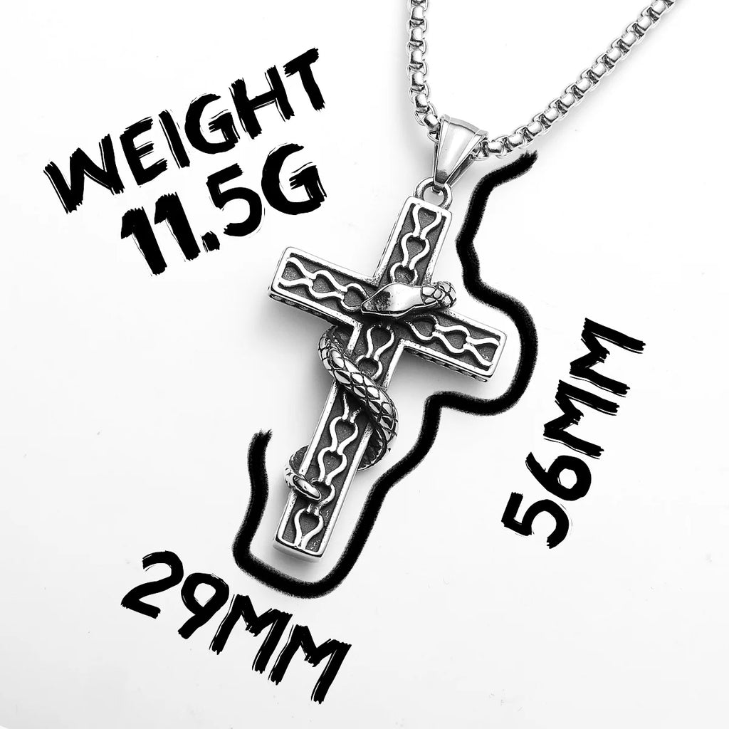 Snake Cross Pendant Necklace — Stainless Steel