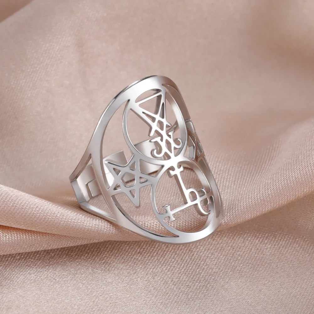 COOLTIME Sigil of Lilith Ring Vintage Stainless Steel Adjustable Pentagram Om Symbol Magic Couple Rings Amulet Jewelry