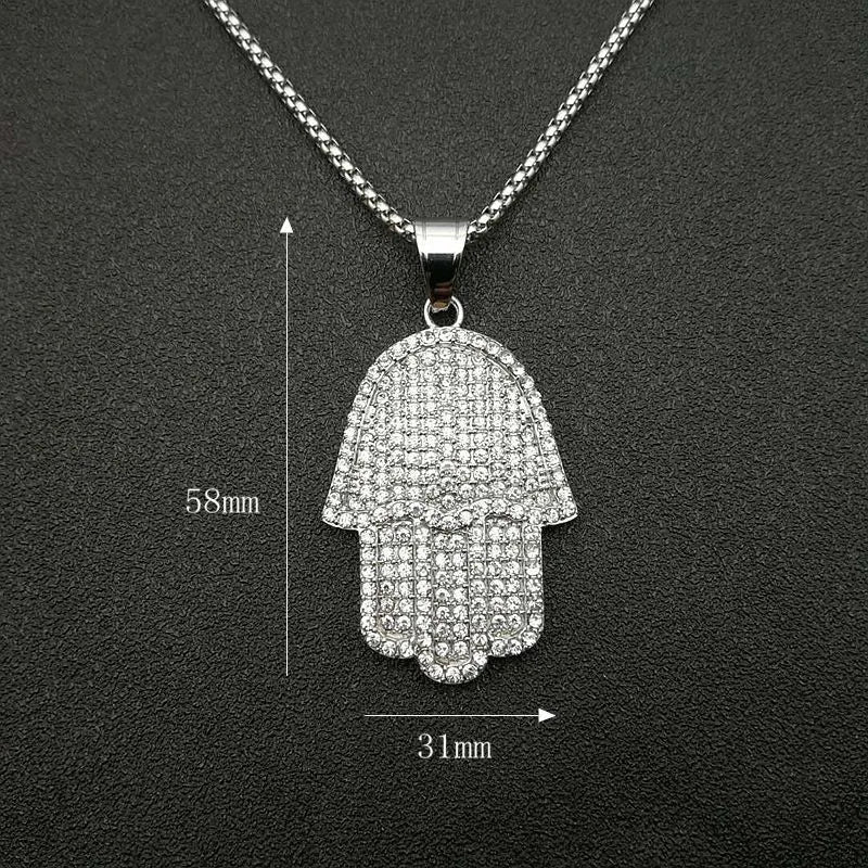 Hip Hop Bling Iced Out Stainless Steel Fatima Hand Pendants Necklace for Men Rapper Jewerly Gold Silver Color