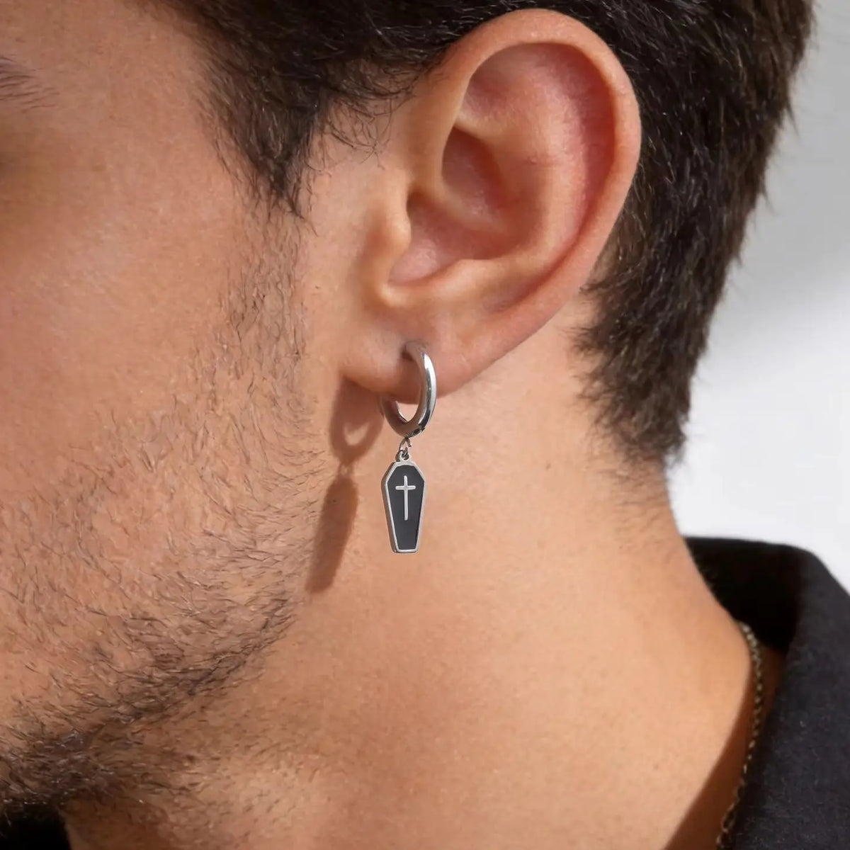Gothic Coffin Cross Dangle Earrings for Men — Stainless Steel