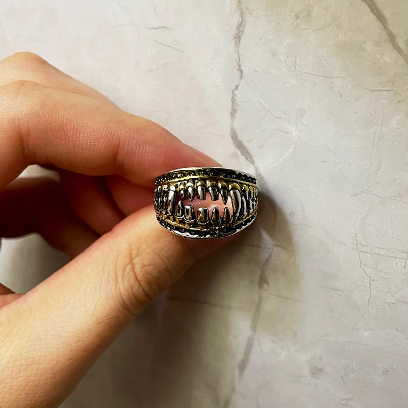 Retro Devil Teeth Denture Ring For Men Punk Gothic Rock Hiphop Open Ring Designer Jewelry Biker Accessories Unisex Gift