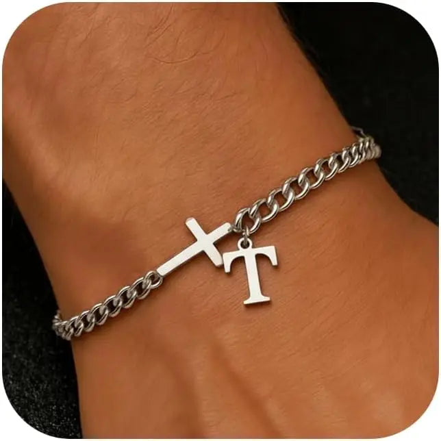 Men Cross Cuban Chain Bracelets for Men Initial A-Z Faith Cross Bracelets, Stainless Steel Initial Bracelet Religious