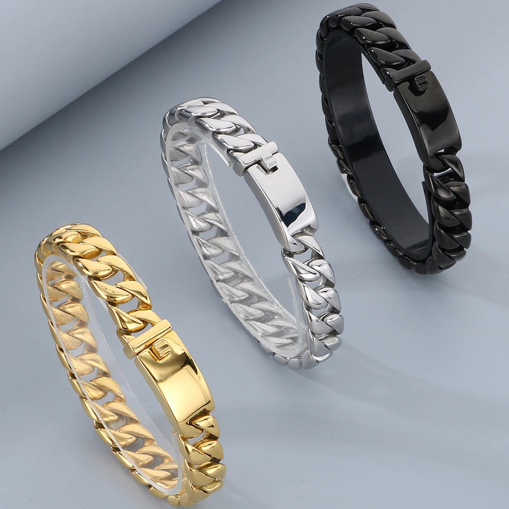 Classic 12MM Cuban Link Chain Bracelet for Man Waterproof Stainless Steel Men's Bracelets Wrist Hand Jewelry Boys Gifts