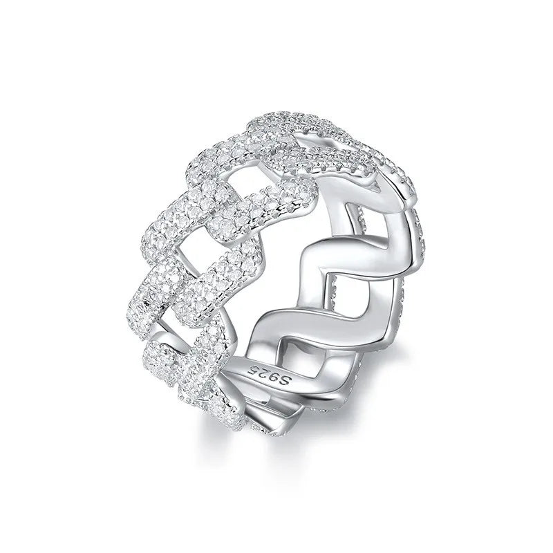 Hip Hop Cuban Link Ring Bling Iced Out 2 Row Full Moissanite Ring Hip Hop Engagement Band Ring 925 Sterling Silver for Women Men