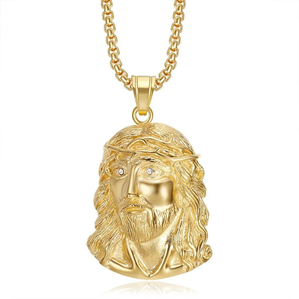 Religious Iced Out Bling Christ Jesus Head Pendant Stainless Steel Cubic Zirconia Christian Necklace for Women Men Jewelry Gift