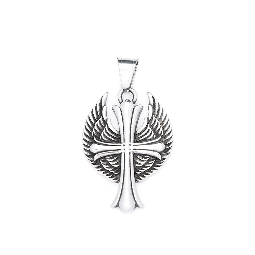 Cross Steel Pendant Vintage Punk Angel Wings Memorial