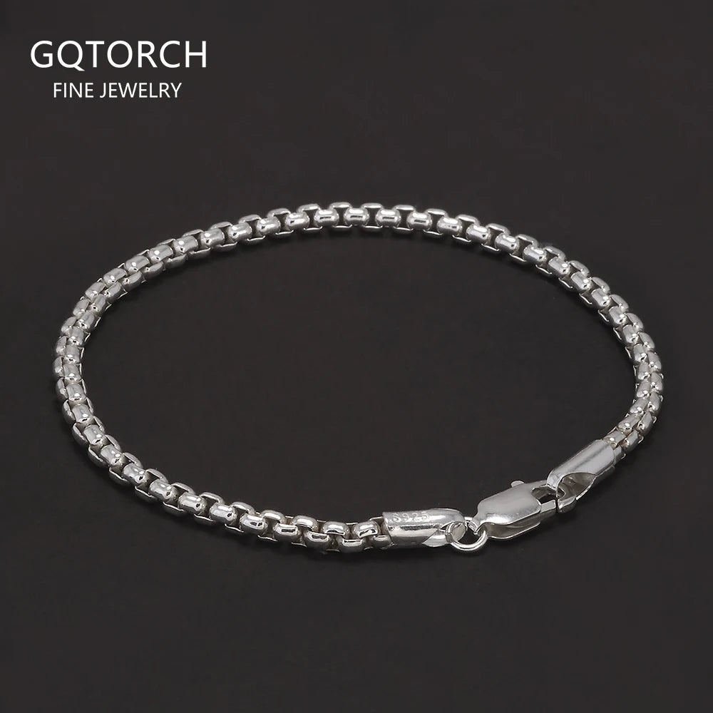 Silver 3mm Round Box Chain Link Bracelet for Men Fashion Jewelry Accessories