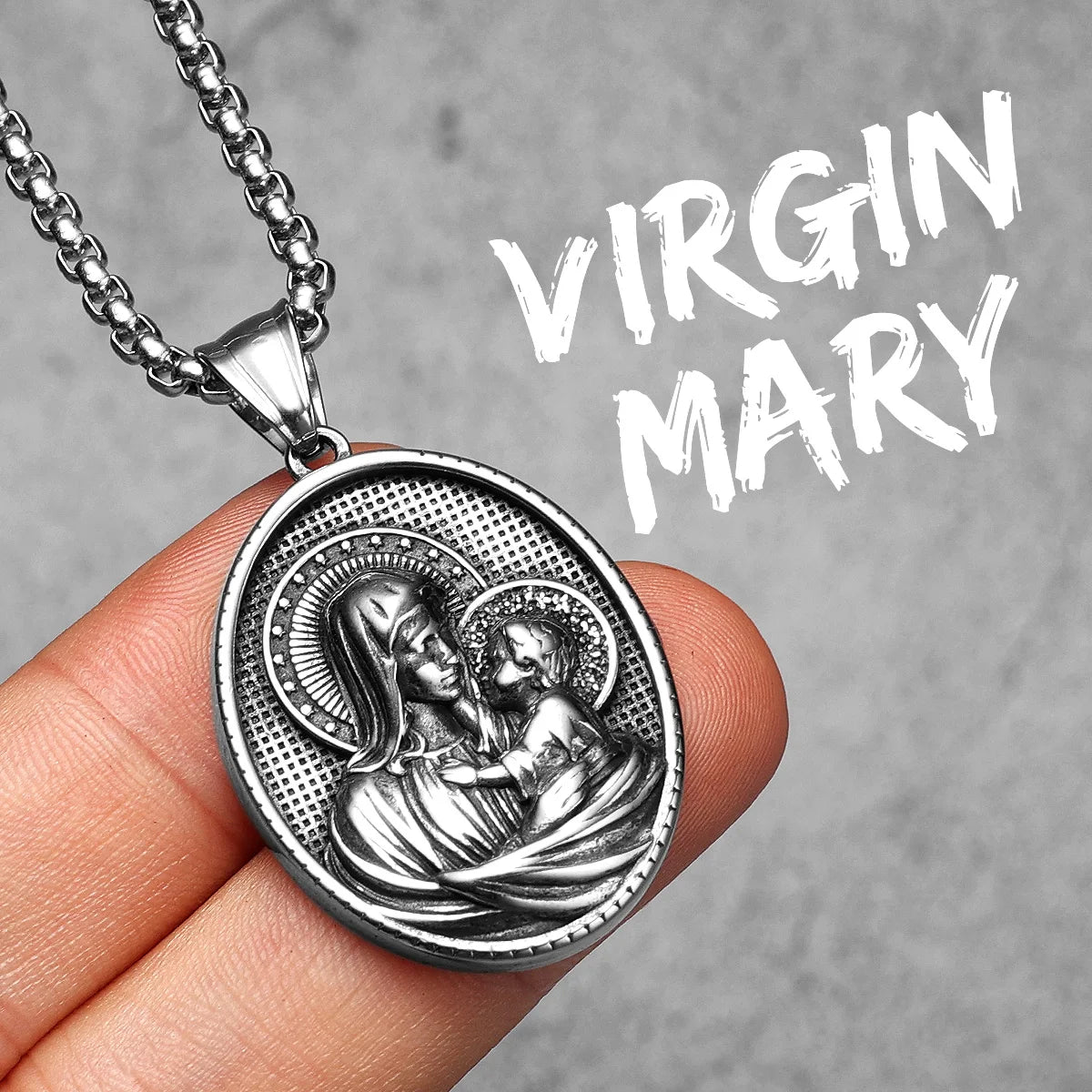 Virgin Mary Pendant Necklace Stainless Steel Vintage