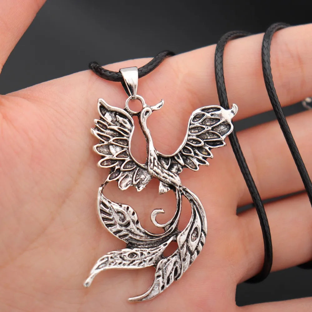 Vintage Phoenix Pendant Necklace — Black Cord, Animal Medal