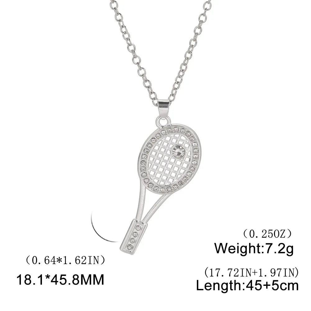HIPEE Trendy Zinc Alloy Shiny Crystal Tennis Racket Pendant Necklace for Women Girls Sports Series Charm Necklaces Party Jewelry