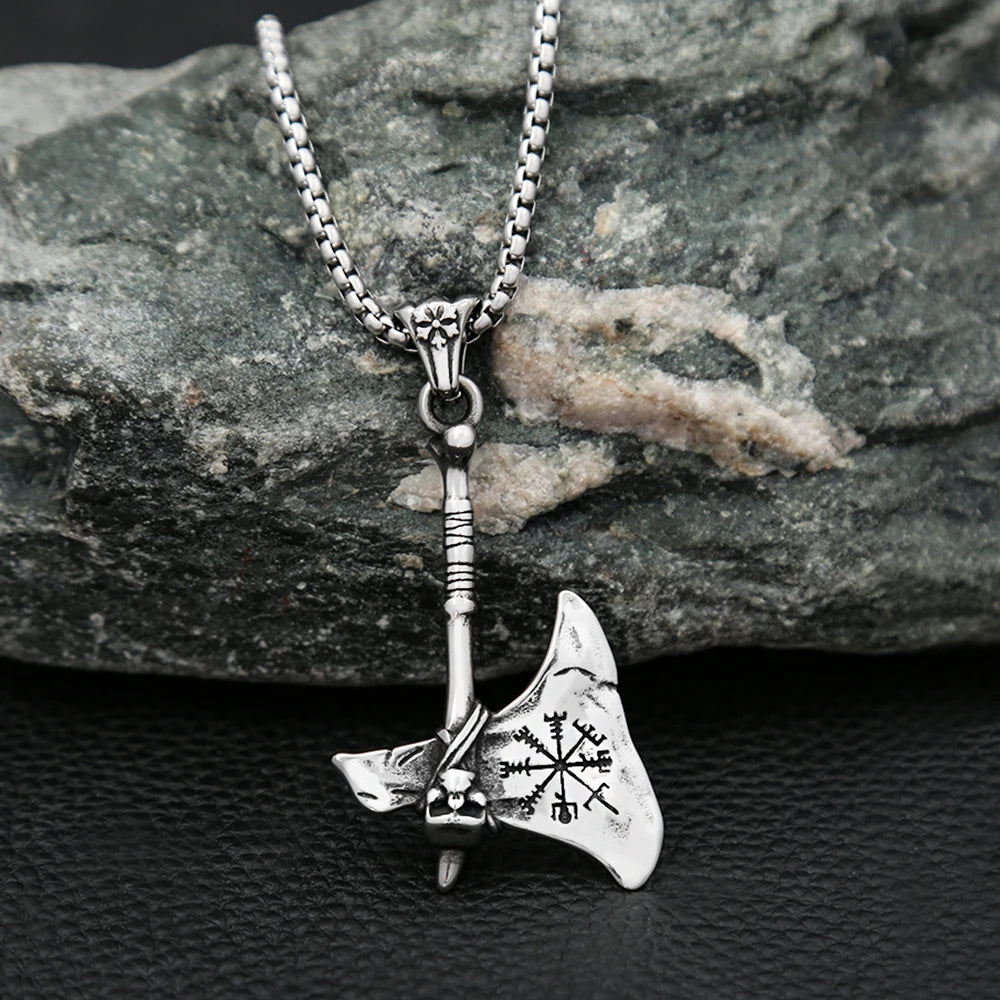Viking Steel Pendant Vintage Warrior Axe Vegvisir
