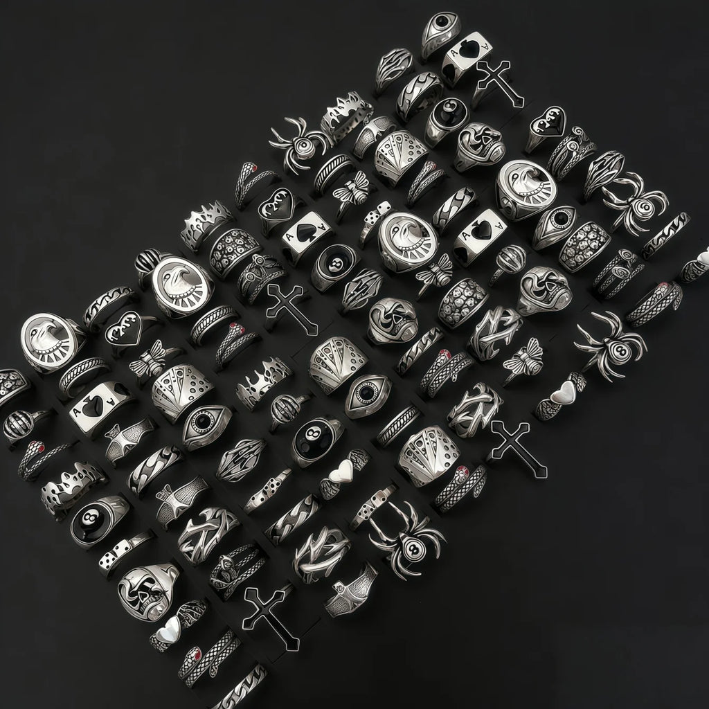 12/24/48/100Pieces Vintage Punk Rings Set For Women Men Mix Style Hip Hop Heart Snake Skull Eye Finger Ring Jewelry