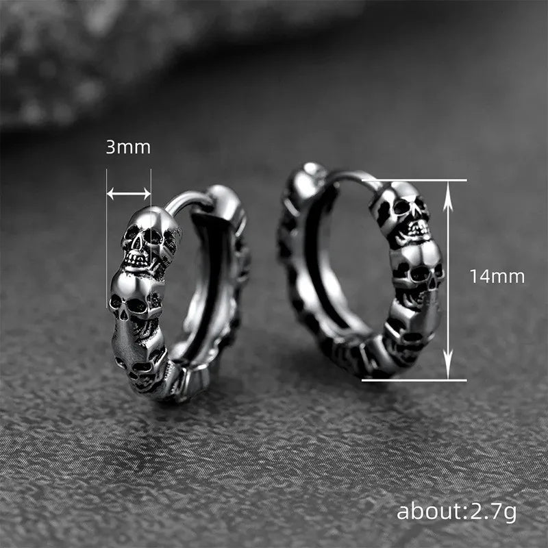 Stacked Skull Hoop Earrings Huggie Circle — Silver-Tone